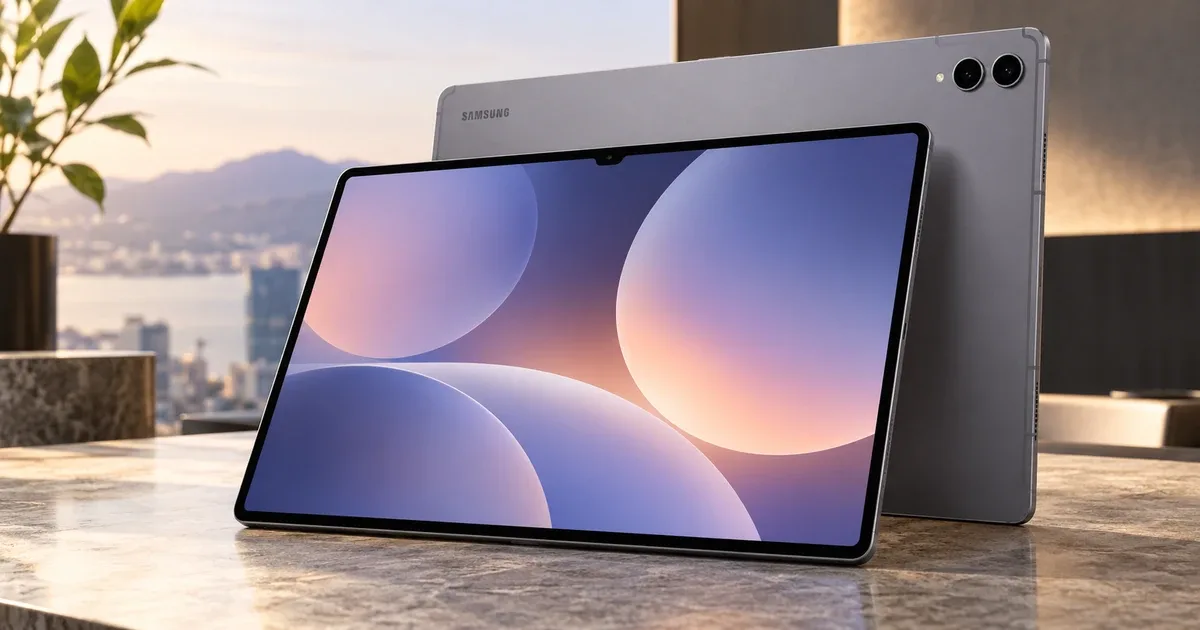 Samsung Galaxy Tab S12 Ultra グレーの前面とデュアルカメラ背面を示す製品イメージ